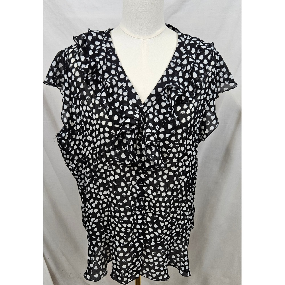 Dressbarn Womens‎ XL Black White Heart Print Ruffle V-Neck Button Front Blouse